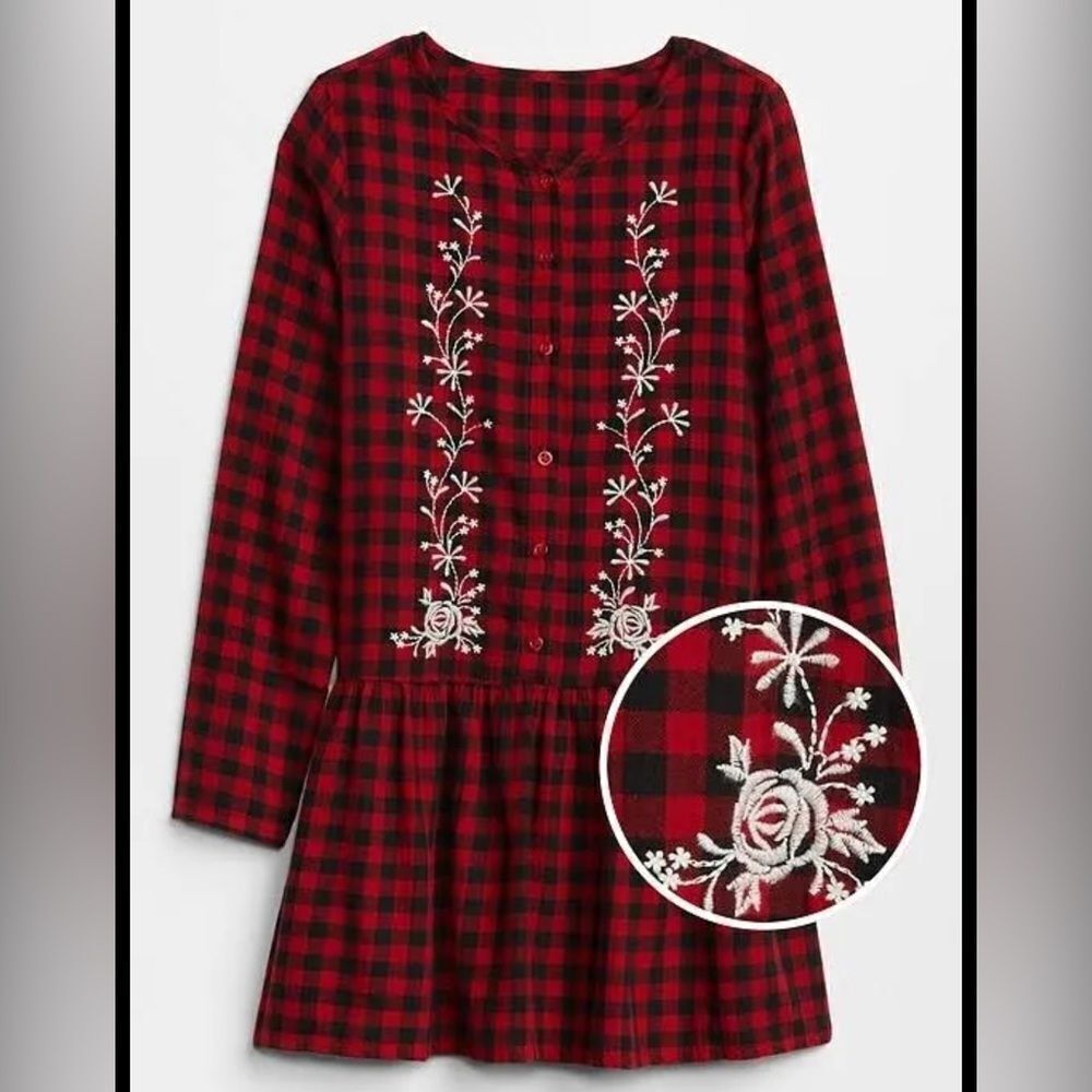 Gap Embroidered red Christmas Plaid button up ruffle shirt Dress girls XL